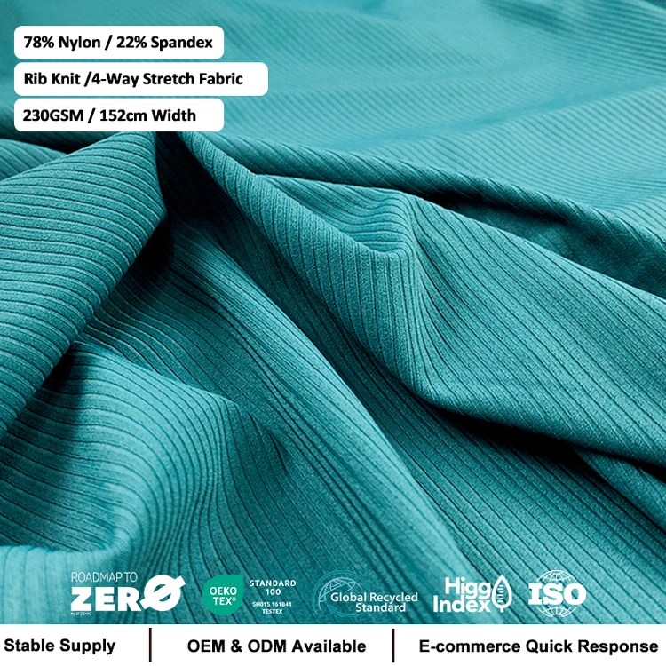 Rib Stretch 4 Way Stretch 78% Nylon 22% Spandex Seamless Knitted Fabric for Sportswear