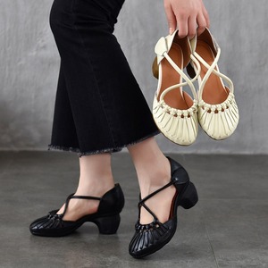 Sandalias de tacón alto de cuero de vaca en capas para mujer, estilo nuevo de verano 2025, con tiras cruzadas, tacón grueso y correa trasera, estilo romano. - Product Image 3