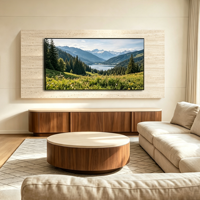 Panel Dinding TV Tekstur Travertine Beige Kustom Pabrik, Panel Veneer Batu Dekoratif untuk Dinding Fitur Interior