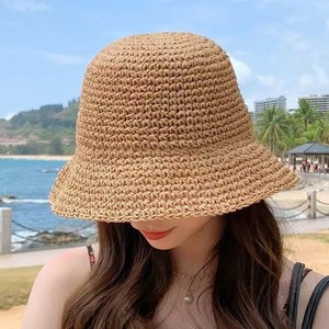 Sombrero de Paja para Mujer, Ala Ancha, Estilo Coreano, Protección Solar, para Playa, Verano, Tejido, Color Caqui, Negro, Beige, Ladrillo - Product Image 1