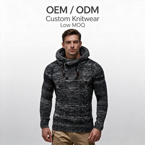 Pull à capuche en maille torsadée pour homme, en fil mélangé, col châle épais, fermeture boutonnée, cordon de serrage, OEM ODM, tricot sur mesure, faible MOQ - Product Image 1