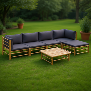 Ensemble de salon de jardin modulaire en bambou gris foncé résistant aux intempéries, mobilier d'extérieur 6 places, design tropical - Product Image 2