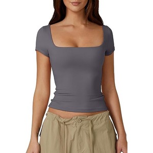 Haut court ajusté pour femme 2026, couleur unie, col <span class=keywords><strong>carré</strong></span>, manches courtes, style décontracté - Product Image 4
