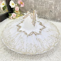 T1001 Service Personnalisé Adultes Enfants Blanc Motifs Dorés Tenue de Scène Danse Tutu de Ballet Professionnel Effet Pancake