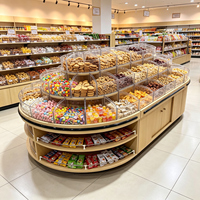 Meuble de présentation Snack Island, comptoir multi-niveaux en bois grainé pour supermarché, fruits secs, noix et bonbons, étagère alimentaire en bois