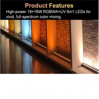 Barre de projecteur LED murale en aluminium 18x18W RGBWAUV 6-en-1 DMX512 pour effets de lavage de scène, idéale pour bâtiments, hôtels, jardins, DJ, discothèques et spectacles