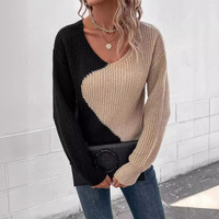Pull en tricot pour femme, style décontracté et ample, à blocs de couleurs, manches longues, col en V, style unique (personnalisable)