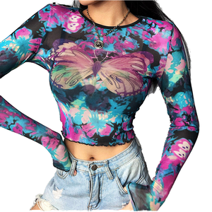Blusa de Punto con Mangas Raglán, Estampada, Transpirable, Estilo Holgado, Talla Grande para Mujer, 120 g/m², Poliéster, Estilo Vintage, Casual, Primavera - Product Image 1