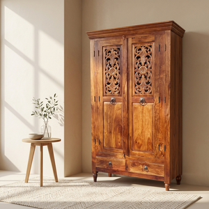Armoire en bois moderne sculptée à la main avec 2 portes et tiroirs, organisateur de vêtements pour chambre, hôtel, ferme, style indien - Product Image 2