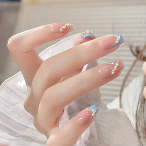 Venta directa de fábrica puro hecho a mano simple ins suave azul claro francés escalera corta <span class=keywords><strong>pequeñas</strong></span> <span class=keywords><strong>uñas</strong></span> postizas de diamantes de imitación - Product Image 5