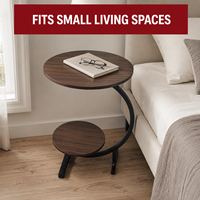 Table d'appoint ronde à 2 niveaux, plateau en MDF imitation bois, cadre en métal noir en forme de C, table d'appoint moderne pour salon, chambre, balcon