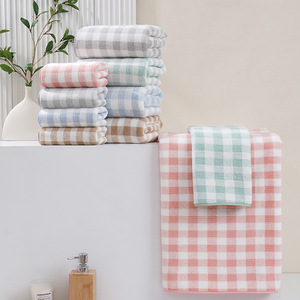 Ensemble de serviettes à carreaux de style japonais, serviettes de bain rectangulaires absorbantes et douces, serviettes à carreaux respectueuses de la peau pour adultes et serviettes pour le visage - Product Image 1