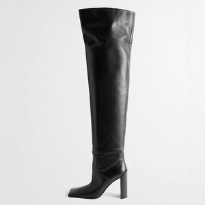Bottes longues pour femmes à bout carré, design simple, montantes au-dessus du genou, à talons épais et larges, couleur unie - Product Image 2
