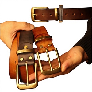 Ceinture en cuir de vache vintage pour hommes, style rétro américain, boucle carrée en cuivre pur, ceinture décontractée durable - Product Image 1