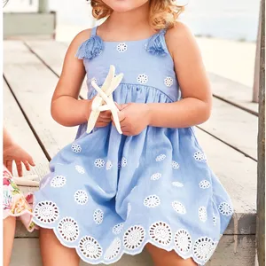 Newest Designs Good Quality Children Wholesale Private Label Blue Summer Dresses For Little Girls