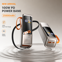 Power Bank Besar untuk Ponsel 25000 mAh, Pengisian Cepat 100W, Kabel Terintegrasi, Baterai Eksternal Besar, Charger Portabel