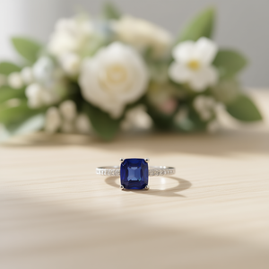 Bague moderne en saphir bleu pour femmes, pierre naturelle de coupe rectangulaire, sertie à griffes, bande en acier inoxydable, naissance de septembre - Product Image 2