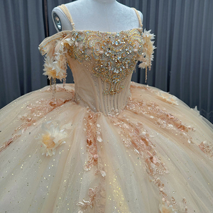 Abito da Quinceañera Classico in Raso Dorato con Motivi Floreali 3D, Taglie Forti, Lunghezza a Terra, Stile Principessa, Strascico, Vita Naturale, Applicazioni in Pizzo - Product Image 6