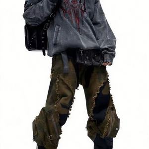 Sweat à capuche ample personnalisé en coton lourd lavé et brodé, motif rayé, style cyberpunk, pour homme, idéal pour l'hiver - Product Image 3