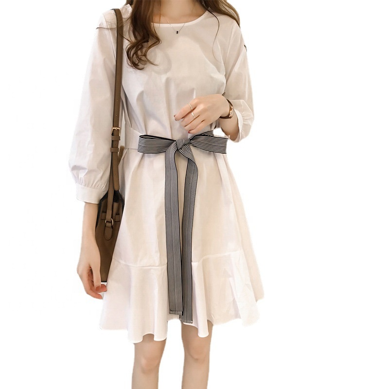 Женское платье с бантом на талии, белое Повседневное платье-трапеция в Корейском стиле с длинным рукавом и круглым вырезом, весна 2022