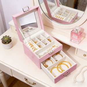 Fabrikneues Design Samt-Schmuckkästchen mit 2 Ebenen, Schmuck-Organizer, Etui für Ohrringe, Halsketten, Schmuckaufbewahrungsboxen mit Spiegel - Product Image 3