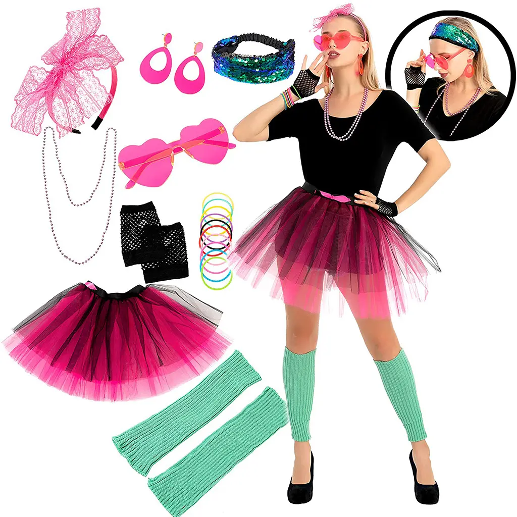 Go Party 1980s Party Clothing Accessories Headband Love Glasses Necklace Bracelet Earrings Mesh Mittens Tulle Tutu Skirt Set