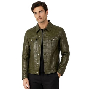 Chaqueta Trucker de Piel de Oveja Genuina con Textura de Cocodrilo, Diseño Slim Fit, Moda de Lujo para <span class=keywords><strong>Hombre</strong></span>, Otoño, Personalizada, OEM - Product Image 1
