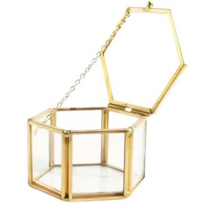 Caja de Joyería Hexagonal de Vidrio Ecológica de Fábrica, Marco de Latón Dorado, Caja de Embalaje de Joyería Sostenible, Estuche Transparente para Exhibición de Joyas - Product Image 1