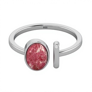 Anillo ajustable de Plata de Ley 925 para mujer, piedra preciosa de thulita genuina hecha a mano, forma ovalada de 6x8mm, fiestas de bodas - Product Image 1