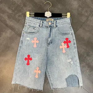 Pantalones cortos vaqueros rasgados y dañados Y2K de verano con diseño personalizado High Street Cross patch con bordado Bermudas Shorts Jeans