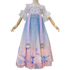 Alta Qualidade Kids Hanfu Bordado Beading Puff Sleeve Print Chinese Ancient Fairy Dresses Para Meninas