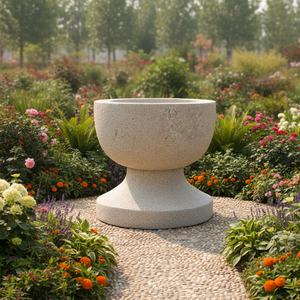 Macetero Moderno de <span class=keywords><strong>Piedra</strong></span> con Pedestal Redondo - Urna de Granito Tallada a Mano para Jardinería Exterior - Product Image 1