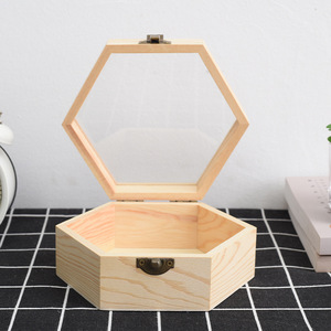 Hexagonal Wooden <b>Box</b> <b>With</b> Glass <b>Lid</b> Pine Wood Storage Jewelry Organizer Desktop <b>Small</b> Ornament <b>Box</b> Customizable Size Capacity - Product Image 3