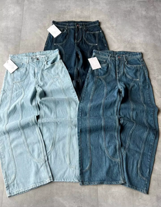 Jean en denim large pour homme, taille haute, délavé, en coton, style streetwear, coupe ample, respirant, poids moyen, avec poches - Product Image 3