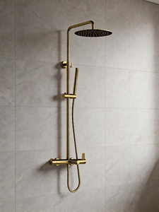 Ensemble de douche mural 3 fonctions, 67906, avec joystick, finition Chrome/Noir mat/Or brossé, incluant pommeau pluie, douchette à main et bec de baignoire - Product Image 1
