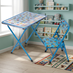 Set Tavolo e Sedie Moderno per Bambini Sibilla, Decorazione Robot Blu/Azzurro, Pieghevole per Camera da Letto o Scuola, in Legno Massello e Metallo - Product Image 3
