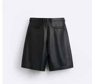 Custom Causal Men Loose Fit Leather PU Shorts Baggy Faux Leather Wide Leg Shorts Pants With Pocket