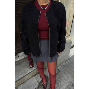 เสื้อคลุมซิปสีดำสำหรับผู้หญิง ผ้าแคชเมียร์ ผสมขนสัตว์ ดีไซน์หรูหรา ทันสมัย - Product Image 3