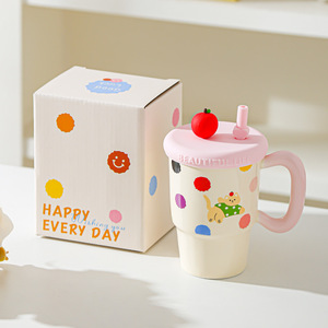 Kawaii Cat Coffee <b>Mug</b> Polka Dot <b>Ceramic</b> <b>Mug</b> with Lid and Straw - Product Image 3