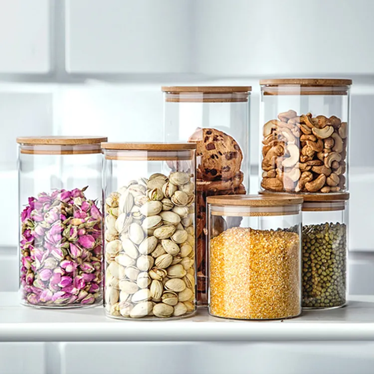 heat resistant high borosilicate kitchen containers cylinder glass sealed food cereal storage jar with bamboo lid