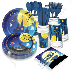 Ensemble de vaisselle jetable vert en vrac serviettes à gâteau tasses assiettes pour <span class=keywords><strong>Halloween</strong></span> avec couverts biodégradables - Product Image 1