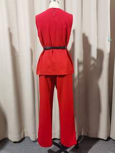 夏季新款女式 O 领无袖高腰上衣配腰带阔腿长裤套装优雅办公室女士修身两件套 - Product Image 5