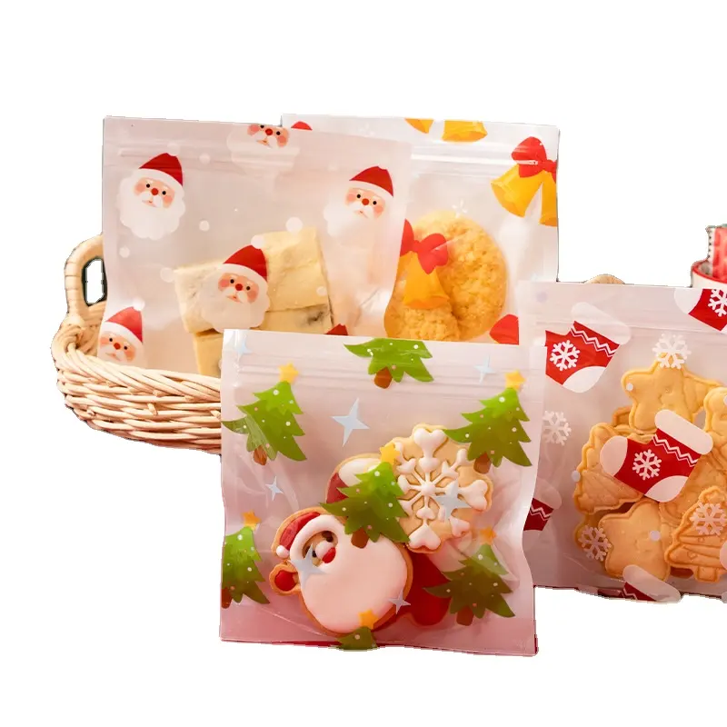 Christmas New Year Food Snack Candy Cookie Bag Smell Proof Laminated Food Packaging Zip Lock Bag with Window