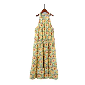 Gaun tanpa lengan anak perempuan, gaun A-Line Midi grafis bunga matahari, rok untuk anak perempuan trendi dan lucu musim panas