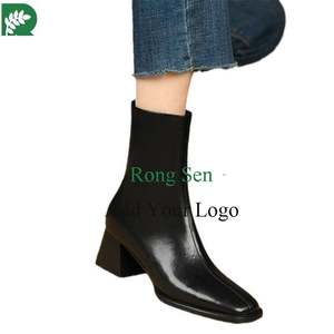 Venta caliente de invierno tendencia de moda <span class=keywords><strong>punta</strong></span> <span class=keywords><strong>cuadrada</strong></span> cuero de vaca tacones gruesos tobillo cremallera bota romana botín país niño bota - Product Image 2