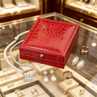 Boîte à bijoux en cuir PU grain crocodile rouge avec logo personnalisé, bouton pression, portable, élégante et moderne, pour emballage de collier et pendentif