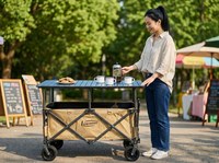 Chariot pliable à quatre roues imperméable rouge et noir spécial marché nocturne avec planche à œufs et pare-soleil pour extérieur
