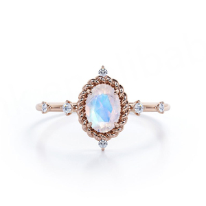 แหวนมูนสโตนทรงรี ดีไซน์ทันสมัย ประณีต  ประดับด้วยพลอยธรรมชาติ สำหรับผู้หญิง เงินแท้ 925 ชุบทองคำขาวและโรสโกลด์ เหมาะสำหรับงานหมั้น งานแต่งงาน และงานเลี้ยง - Product Image 1