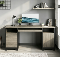Bureau de direction avec tiroir pour classeurs, plateau pour clavier et 2 tiroirs, couleur gris blanc bois, bureau à domicile avec 2 tiroirs de rangement verrouillables