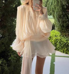 GX-Fashion <span class=keywords><strong>Robe</strong></span> <span class=keywords><strong>chic</strong></span> à col rond et manches longues pour femmes, taille haute, dentelle épissée Robes courtes amples et solides - Product Image 1